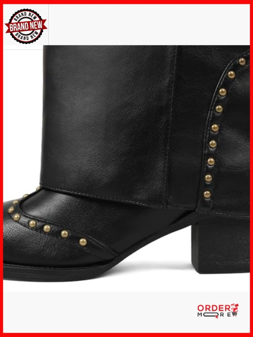 Knee High Fold Over Cowboy Boots with Chunky Heel and Studded Design - Picture 5 of 7